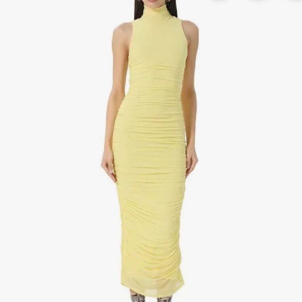 AFRM Sleeveless Mock Neck Ruched Midi Dress in Neon Yellow Size Small - Picture 1 of 6